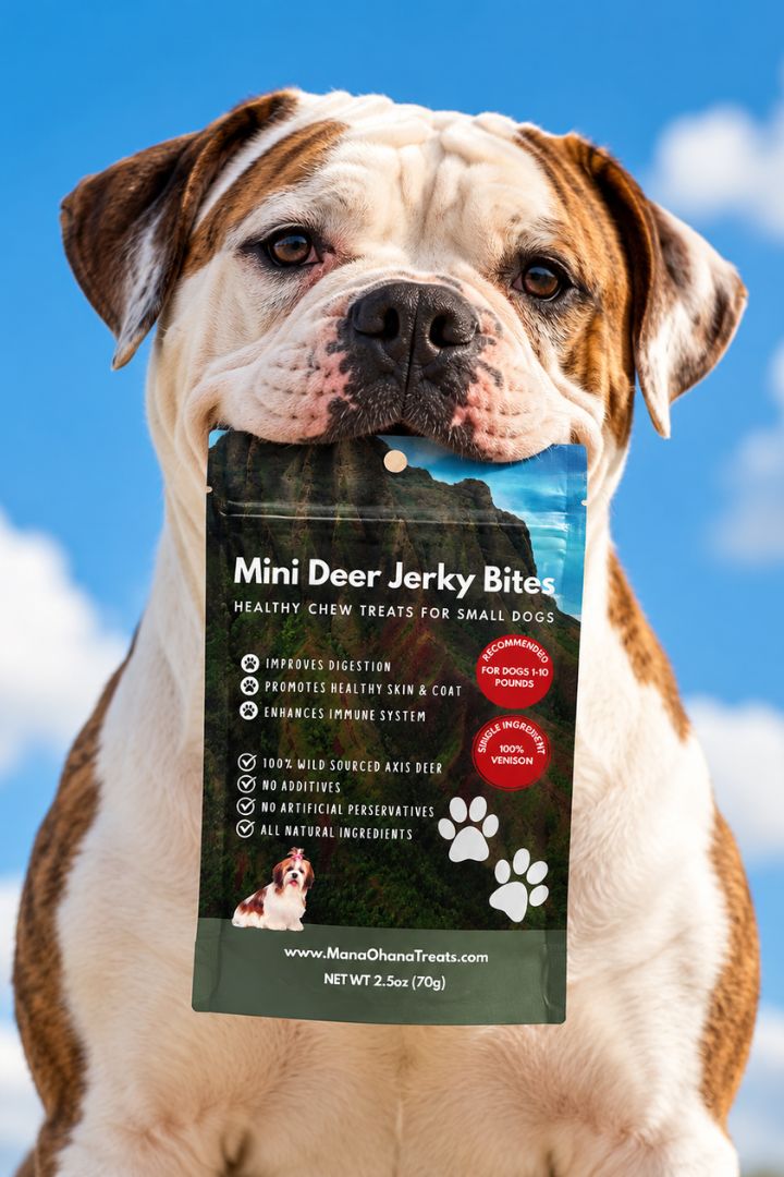 Bulldog holding a bag of Mini Deer Jerky Bites