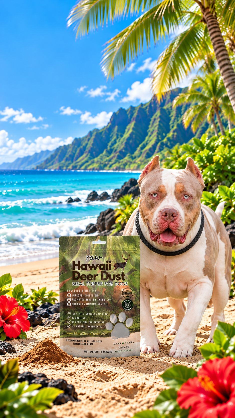 A dog on a Hawaiian beach with a bag of Hawaii Deer Dust meal topper
