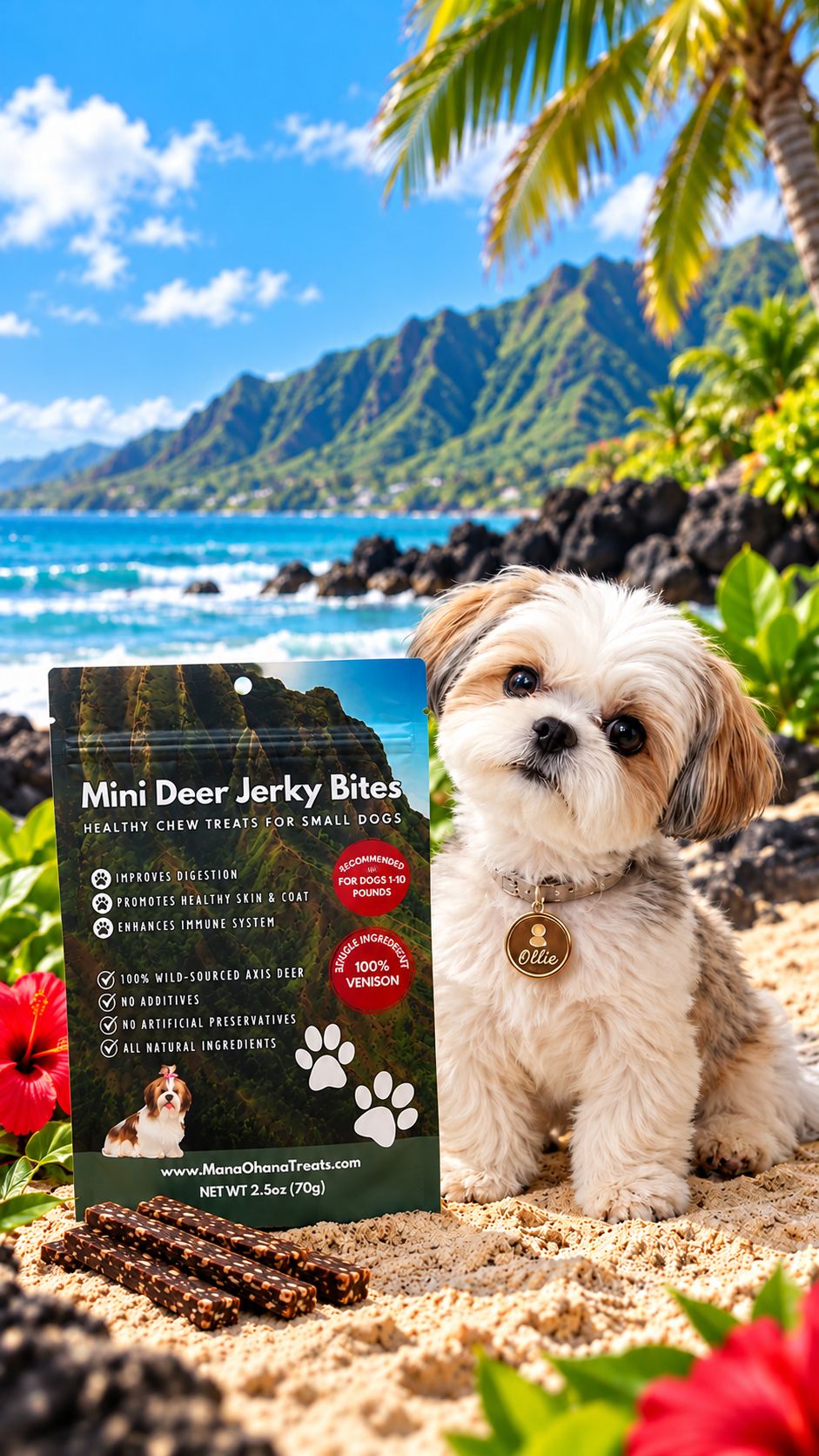 Ollie the puppy on the beach with a bag of Mini Deer Jerky Bites