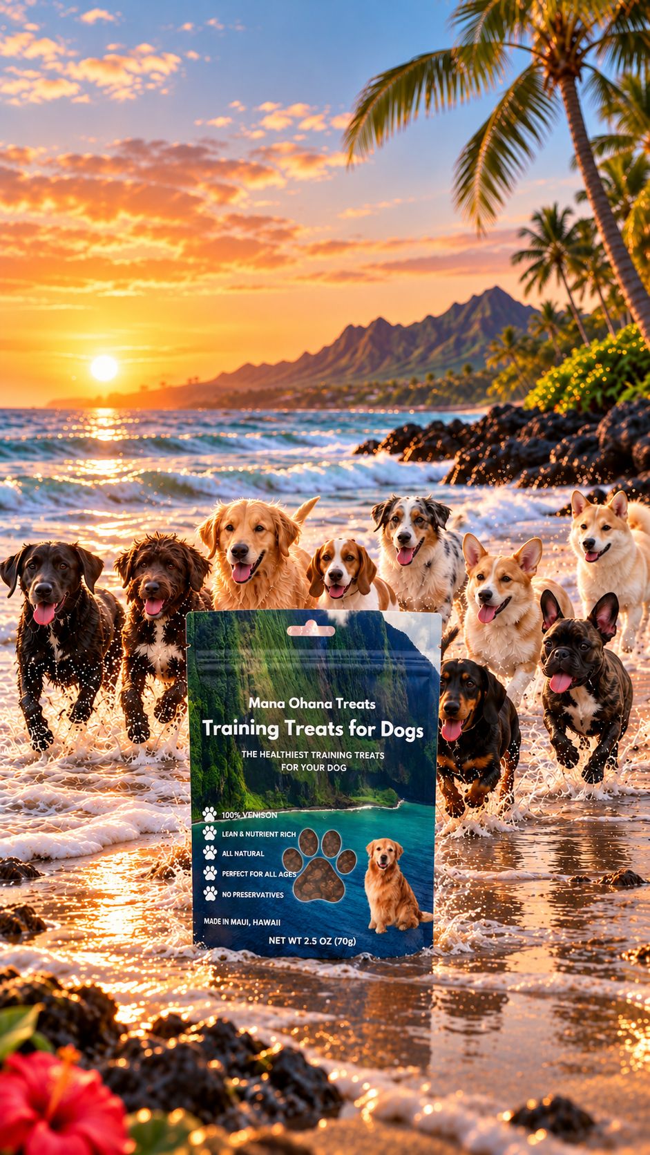 Dogs running on the beach at sunset with a bag of Mana Ohana Training Treats