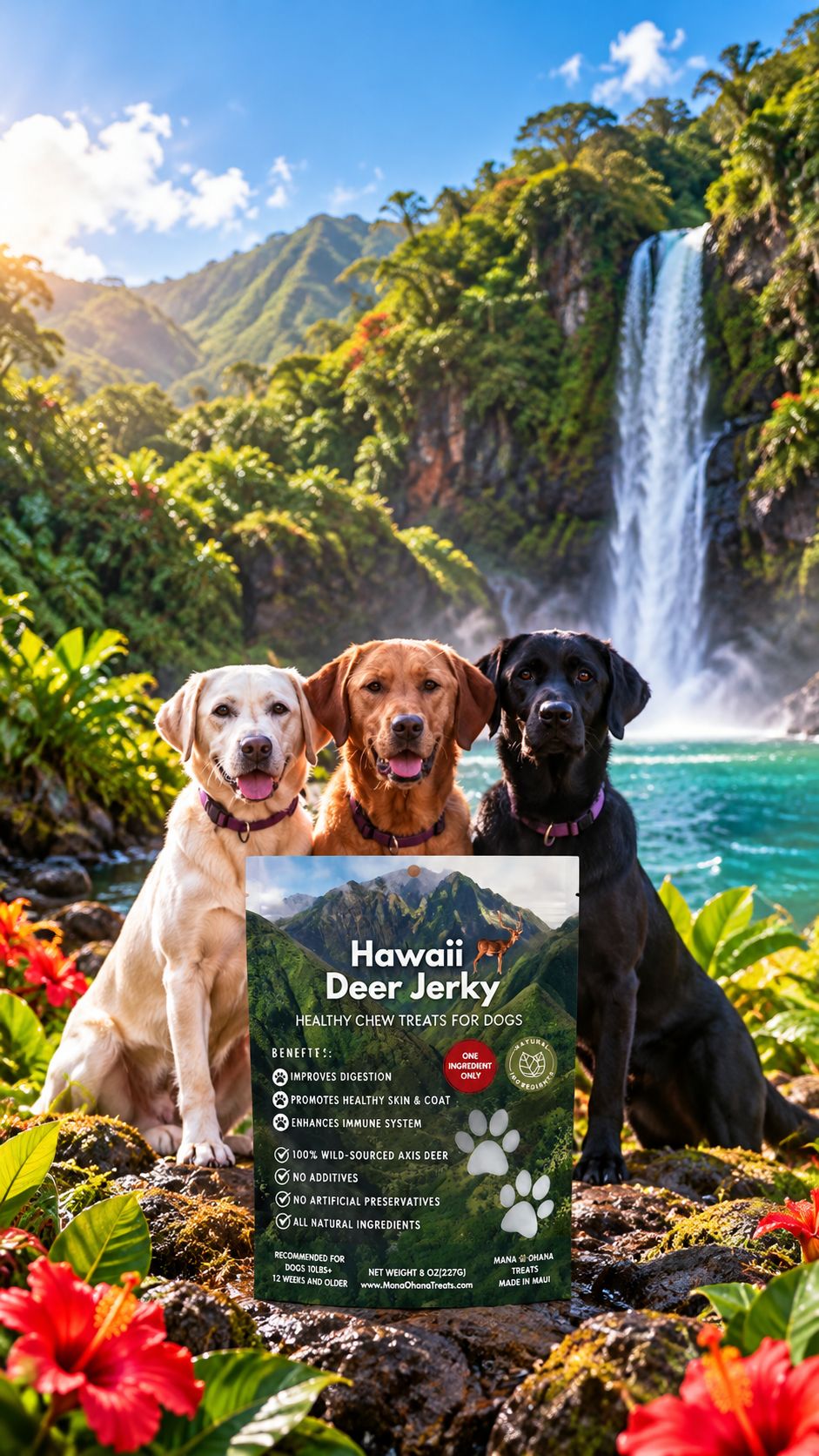 Three dogs by a Hawaiian waterfall with a bag of Hawaii Deer Jerky