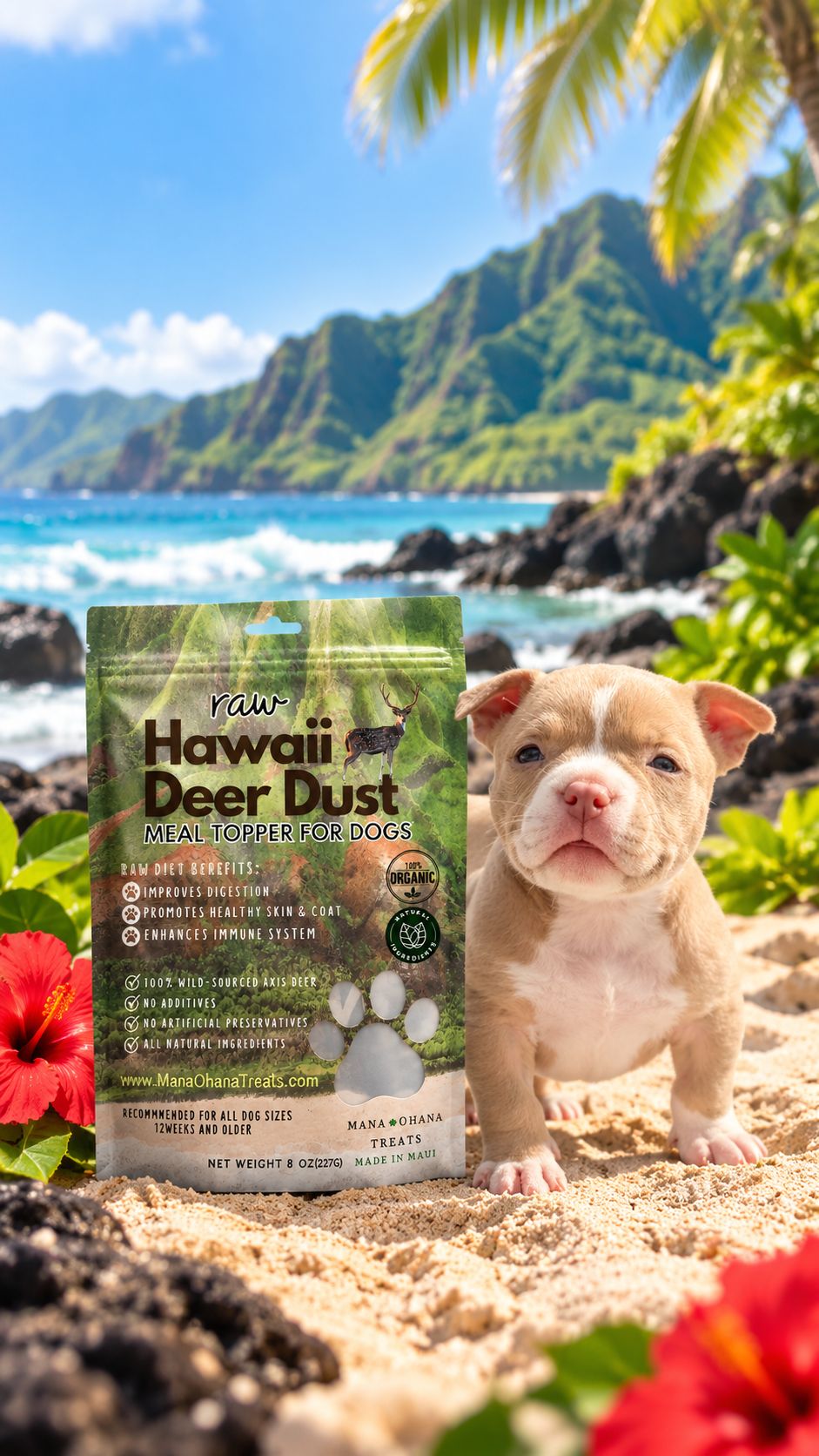 Puppy on a Hawaiian beach next to a bag of Hawaii Deer Dust meal topper