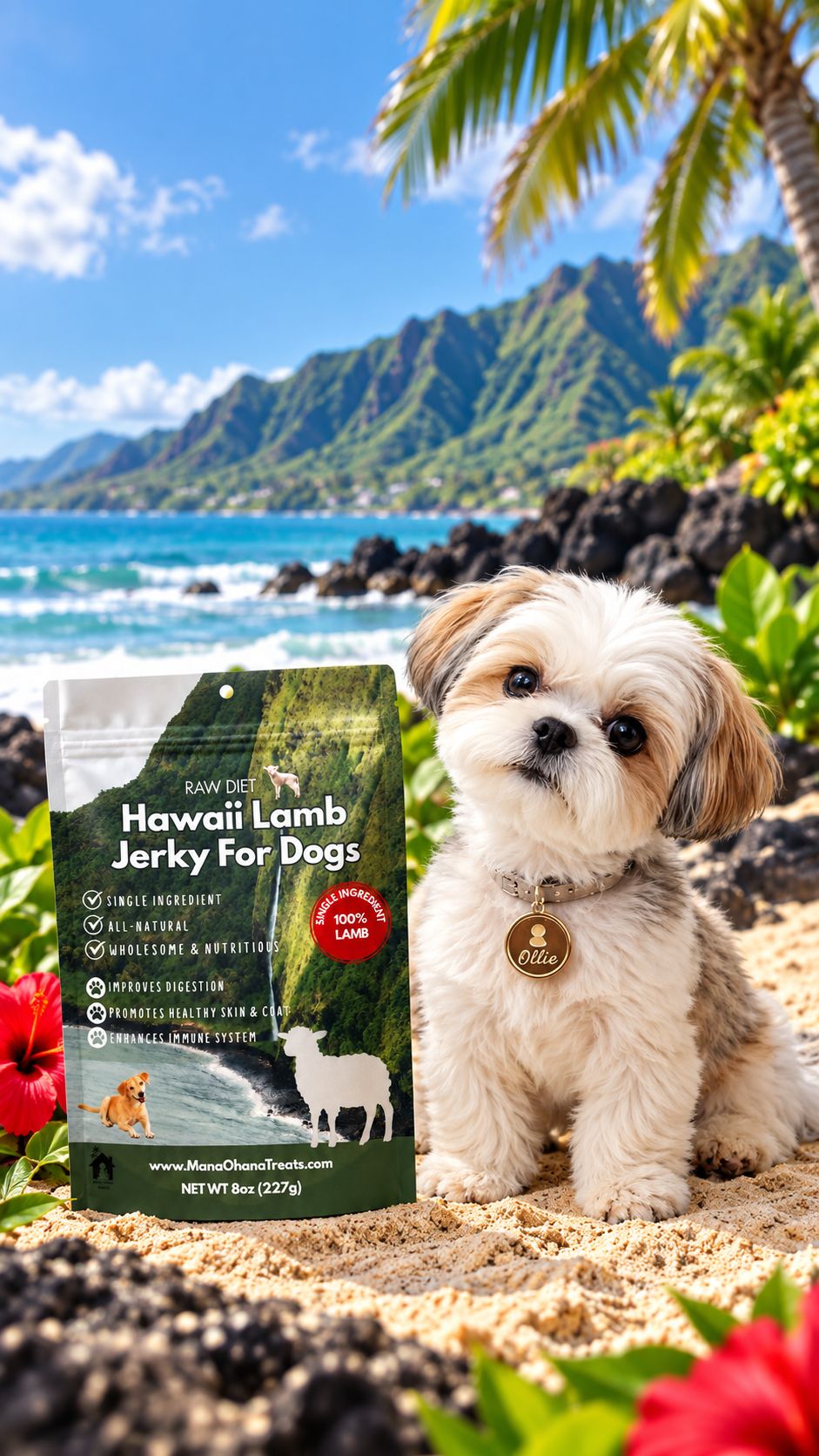 Ollie the puppy on the beach beside a bag of Mana Ohana treats