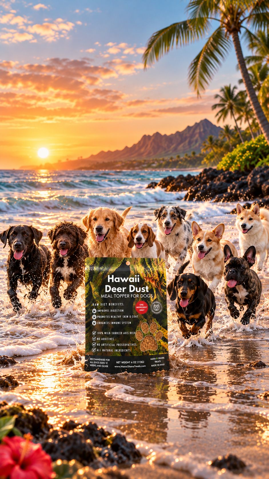 Dogs running on the beach at sunset behind a bag of Hawaii Deer Dust
